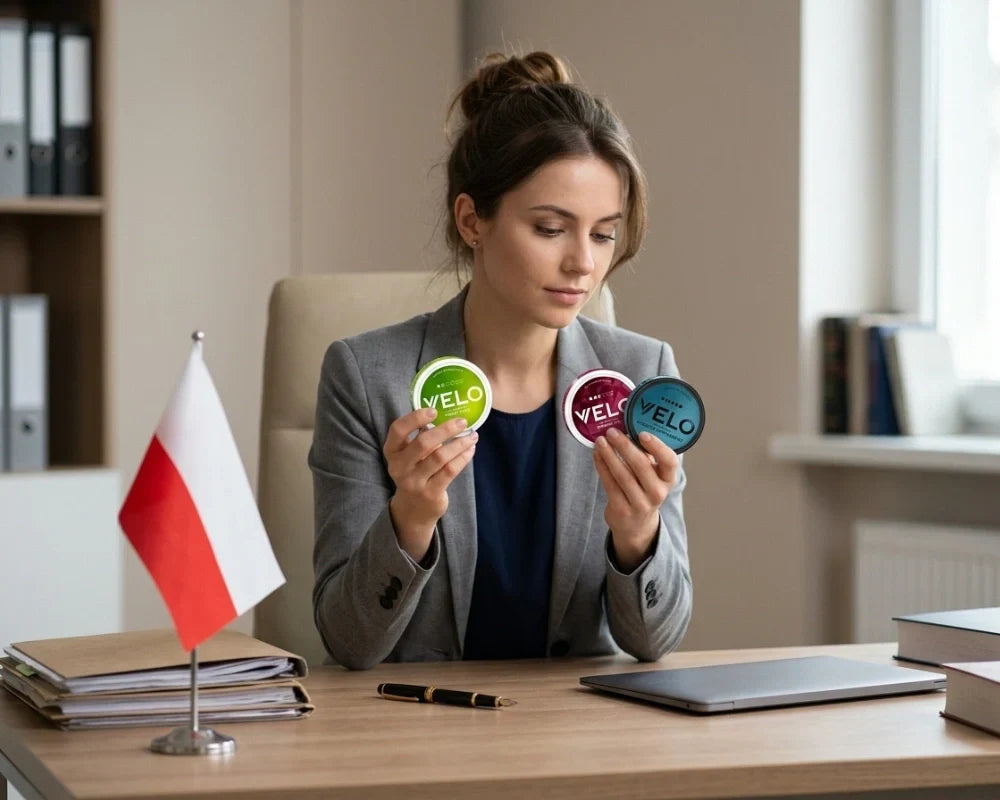 Woman at a desk holding two VELO nicotine pouch cans next to a small Polish flag