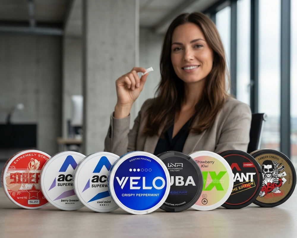 Smiling woman in an office holding a white nicotine pouch, with a row of nicotine pouch cans in front of her