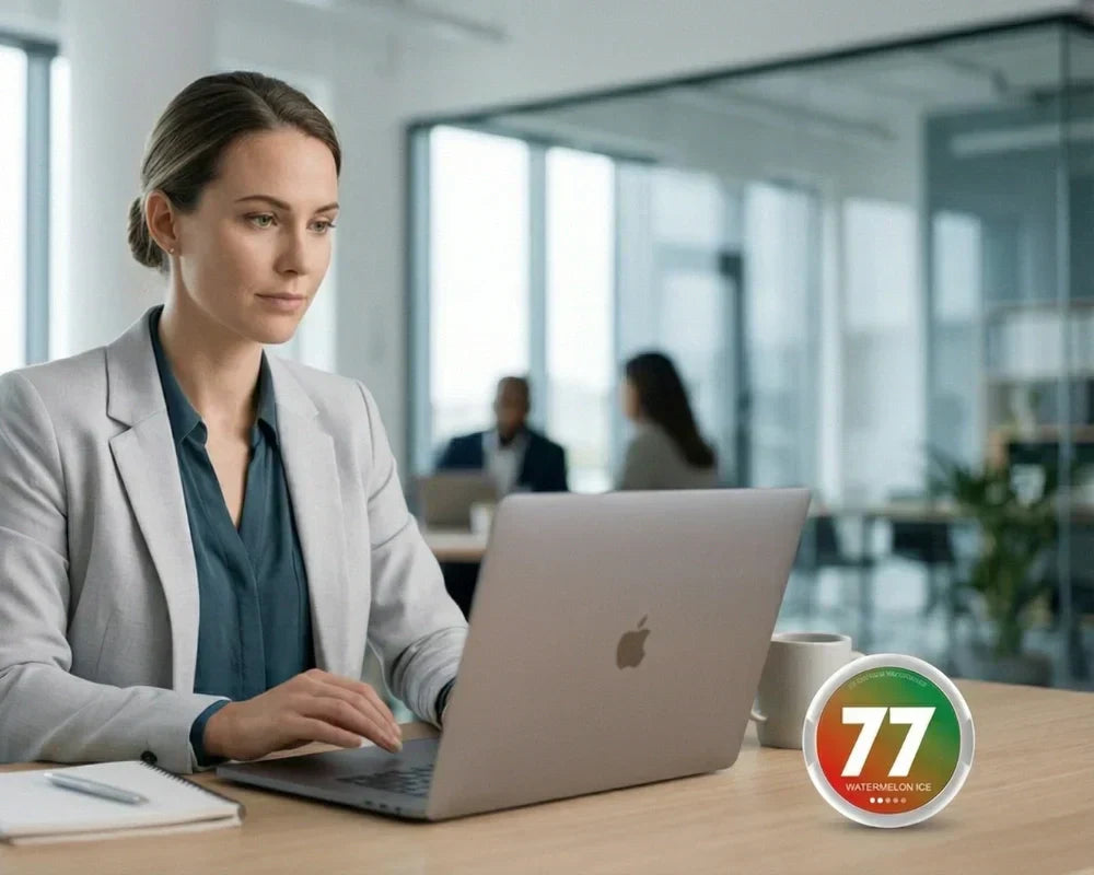 Woman in a blazer working at a laptop in an open-plan office with a nicotine pouch can in the foreground