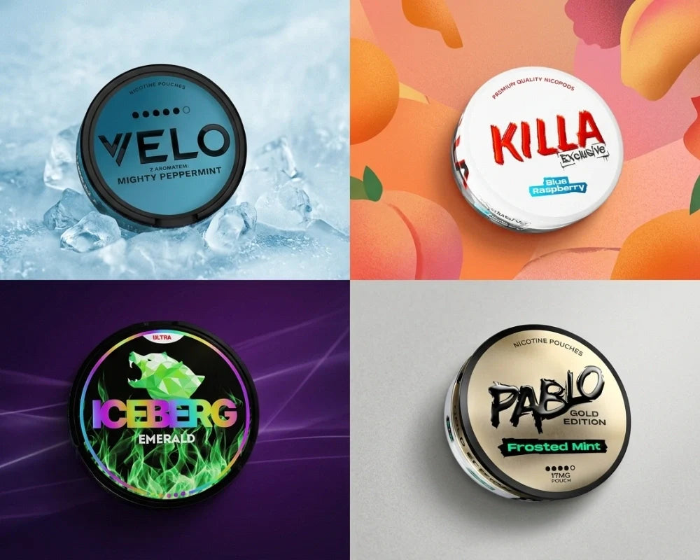 Cuatro latas de bolsitas de nicotina sobre fondos de sabor: VELO en hielo, KILLA en melocotones, ICEBERG y PABLO Menta Escarchada