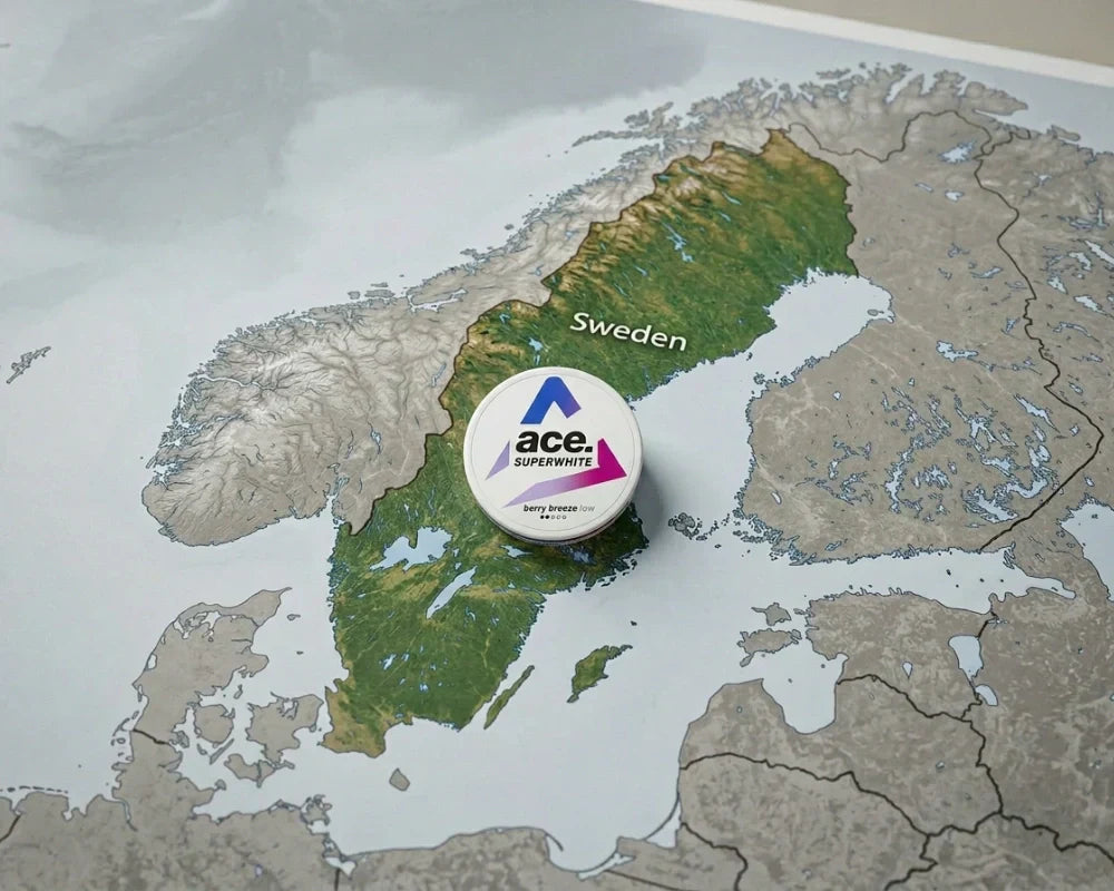 Relief map of Scandinavia with an ace Superwhite nicotine pouch can resting on Sweden