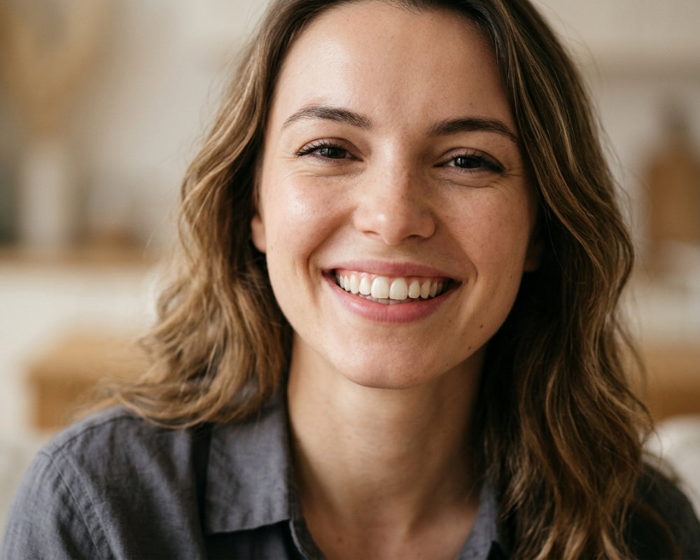Close-up portrait of a smiling woman showing her teeth and gums