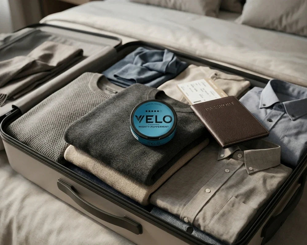 Open suitcase with folded clothes, a passport and a VELO nicotine pouch can packed inside