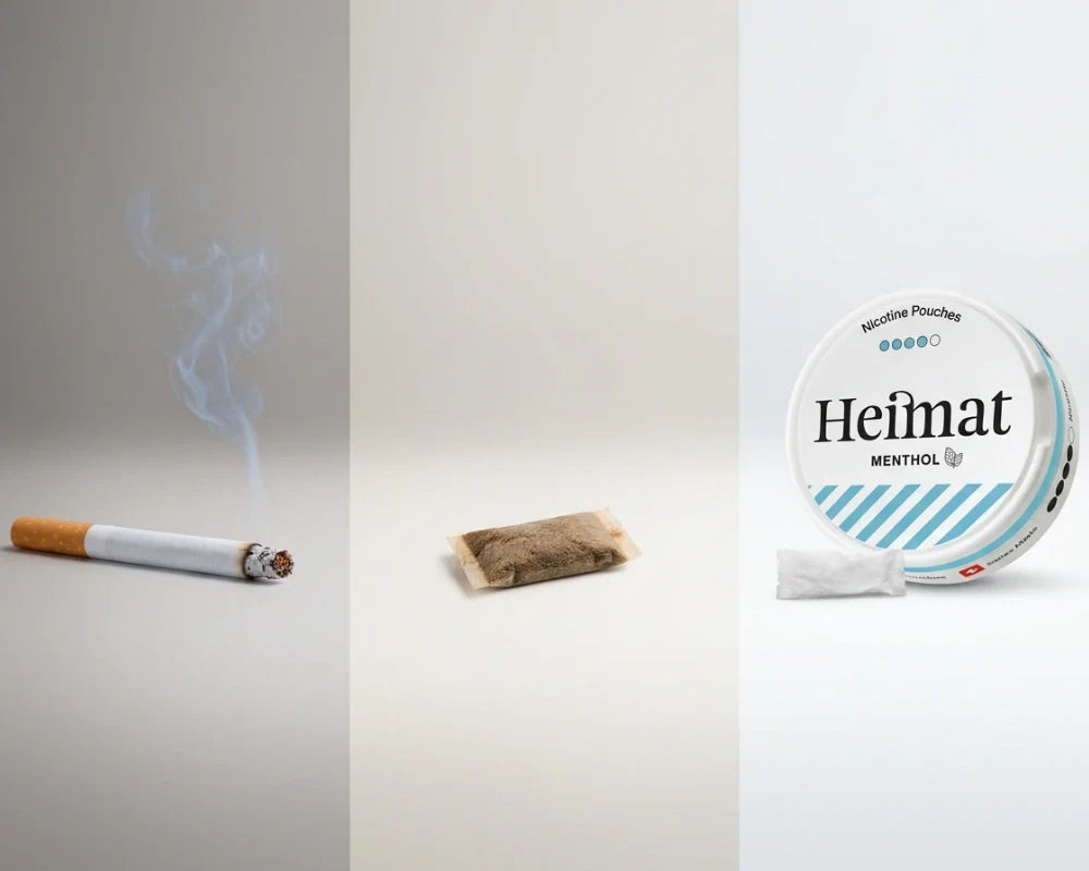 Comparación de tres partes de un cigarrillo encendido, una porción de tabaco de mascar y una lata de bolsas de nicotina mentoladas Heimat