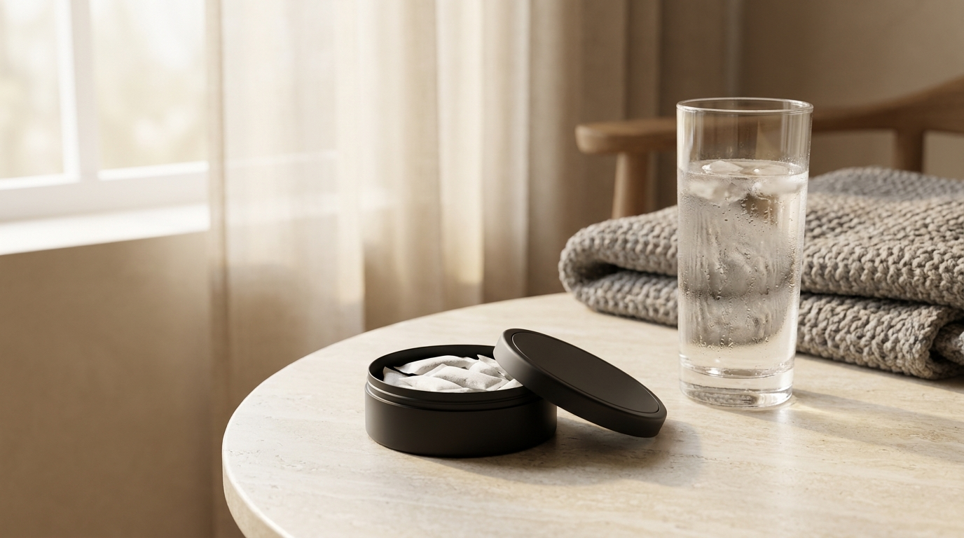 Lata de bolsas de nicotina abierta sobre una mesa junto a un vaso de agua con hielo y una manta doblada