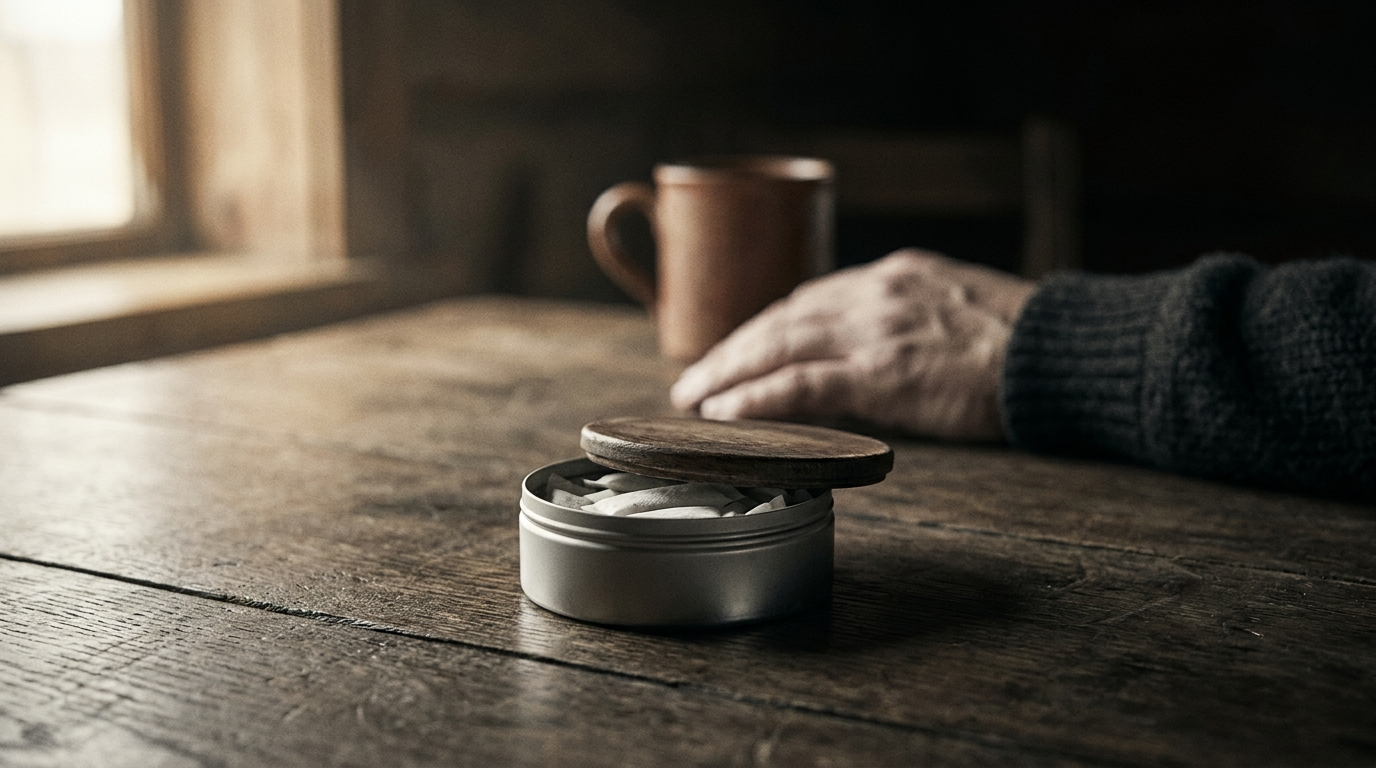 Lata de bolsitas de nicotina abierta sobre una mesa de madera oscura con una mano y una taza de fondo