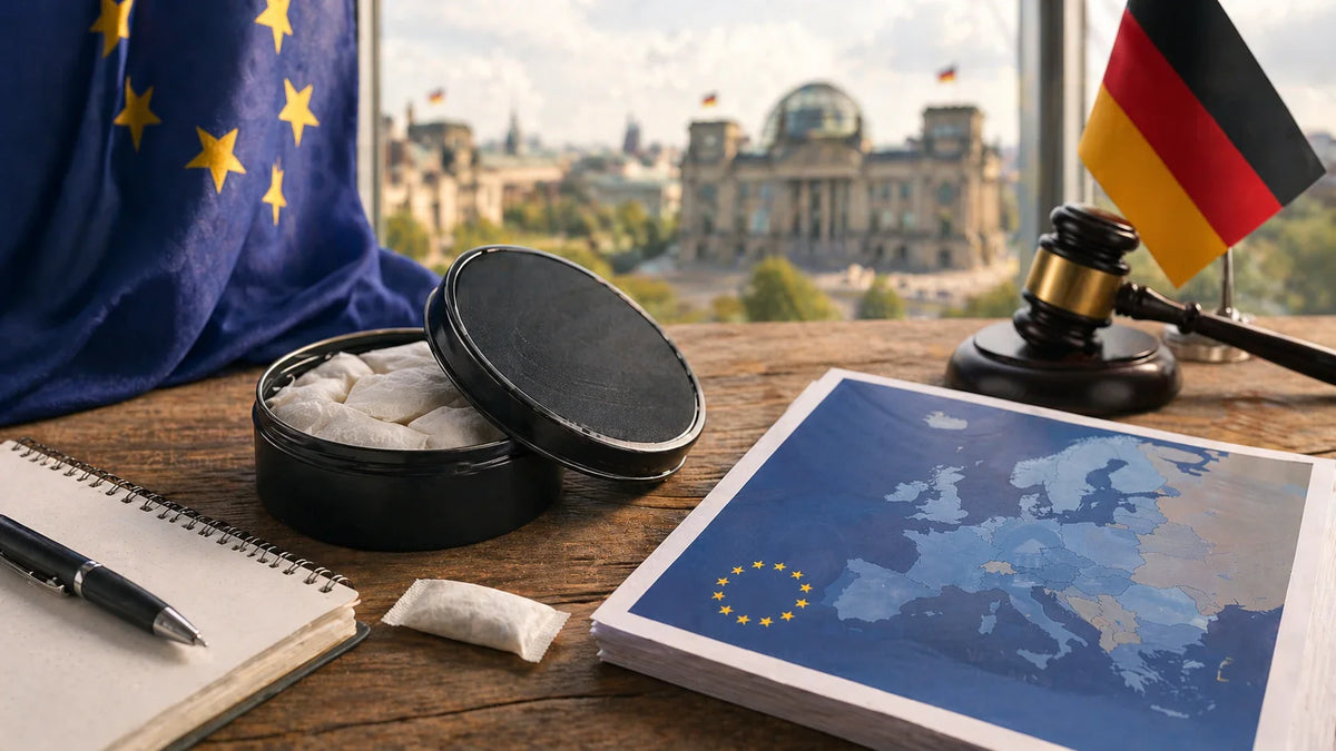 EU and German flags with an open nicotine pouch can, a gavel and a map of Europe on a desk in front of the Reichstag