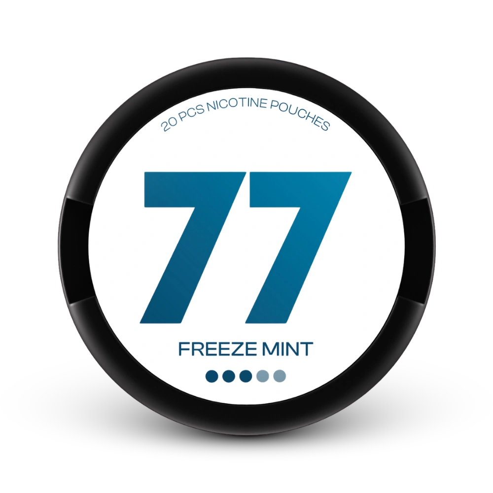 77 Nicotine Pouches Freeze Mint 20 Stück mit Stärkeanzeige auf schwarzer Dose