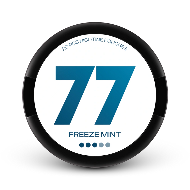 77 Nicotine Pouches Freeze Mint 20 Stück mit Stärkeanzeige auf schwarzer Dose