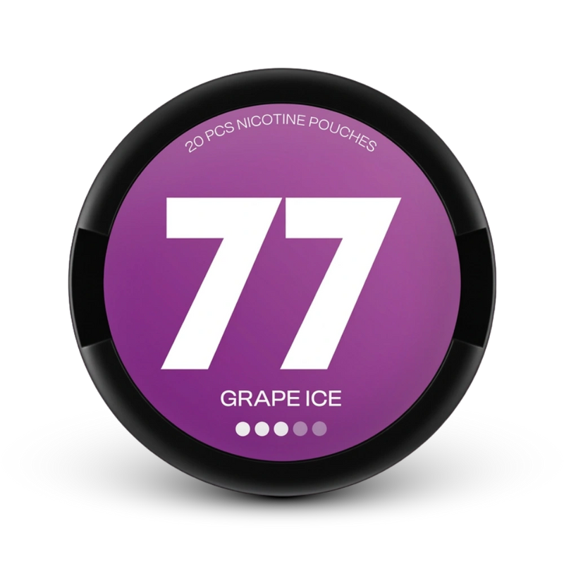 77 Nicotine Pouches Medium Grape Ice 20 Stück Dose mit lila und schwarzem Design