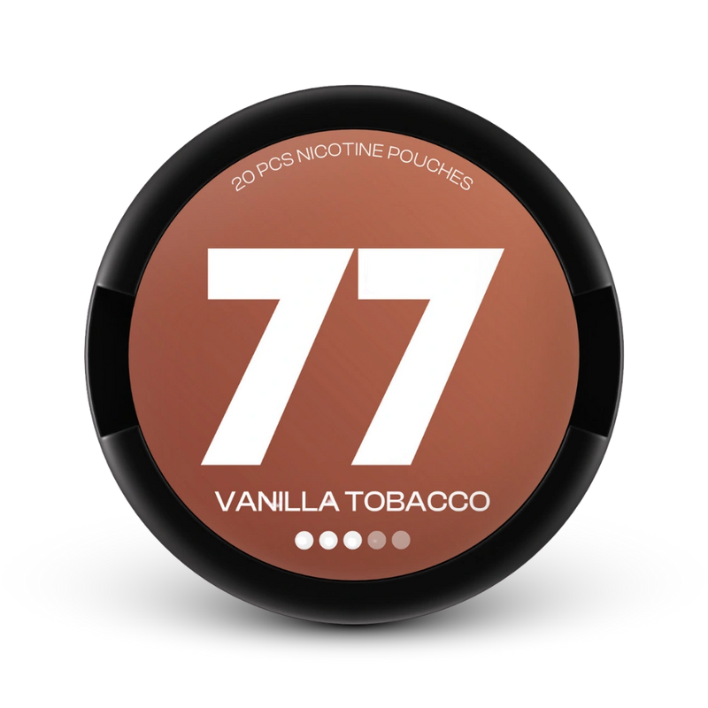 77 Medium Vanilla Tobacco Nicotine Pouches, 20 Beutel mit Vanille-Tabak-Geschmack in schwarzer Dose