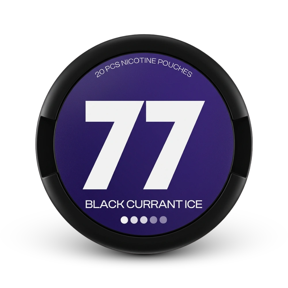 77 Black Currant Ice Nicotine Pouches 20 Stück in schwarzer Dose mit violettem Design, Geschmack Schwarze Johannisbeere-Eis
