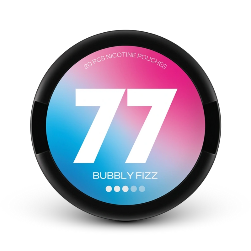 77 Bubbly Fizz Nicotine Pouches 16mg, 20er Dose mit rosa-blauem Gradient Design