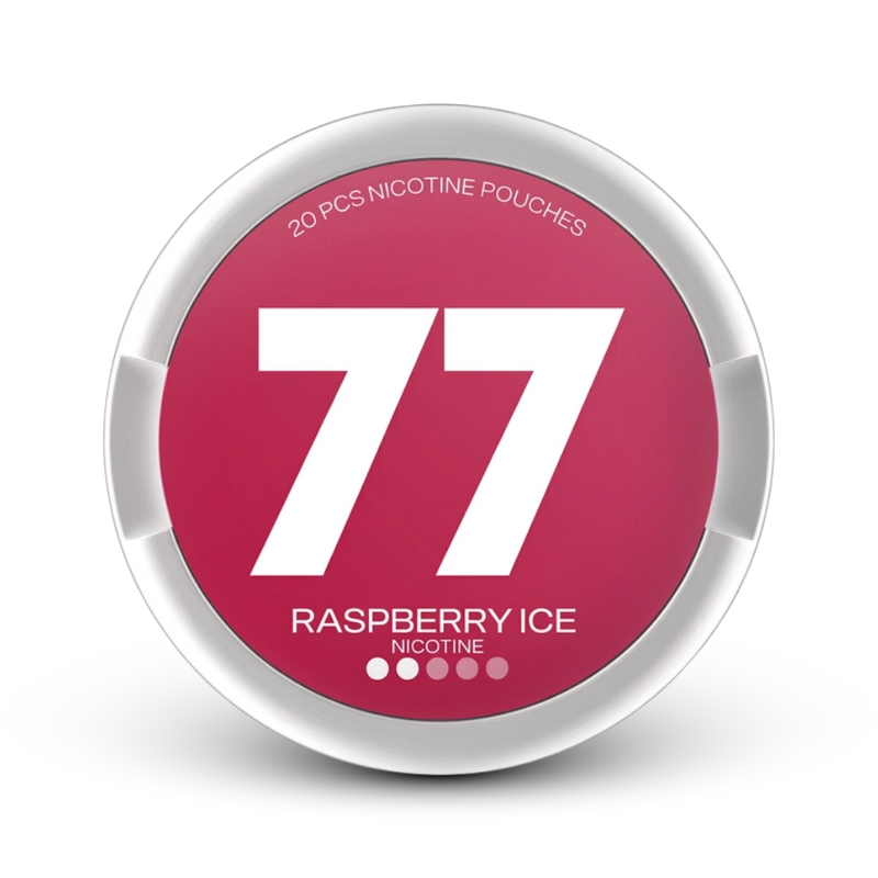 77 Raspberry Ice Nicotine Pouches, 20 Stück, rosafarbene Dose mit weißem Rand auf grauem Hintergrund