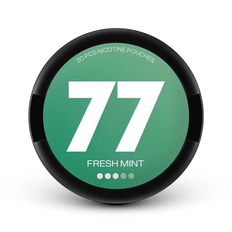 77 Fresh Mint Nicotine Pouches, 20 Stück, grüne Dose mit schwarzem Ring, mittlere Stärke