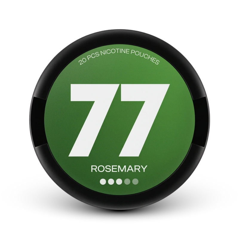 77 Rosemary Nicotine Pouches Medium, 20 Stück, grüne Dose mit schwarzem Rand