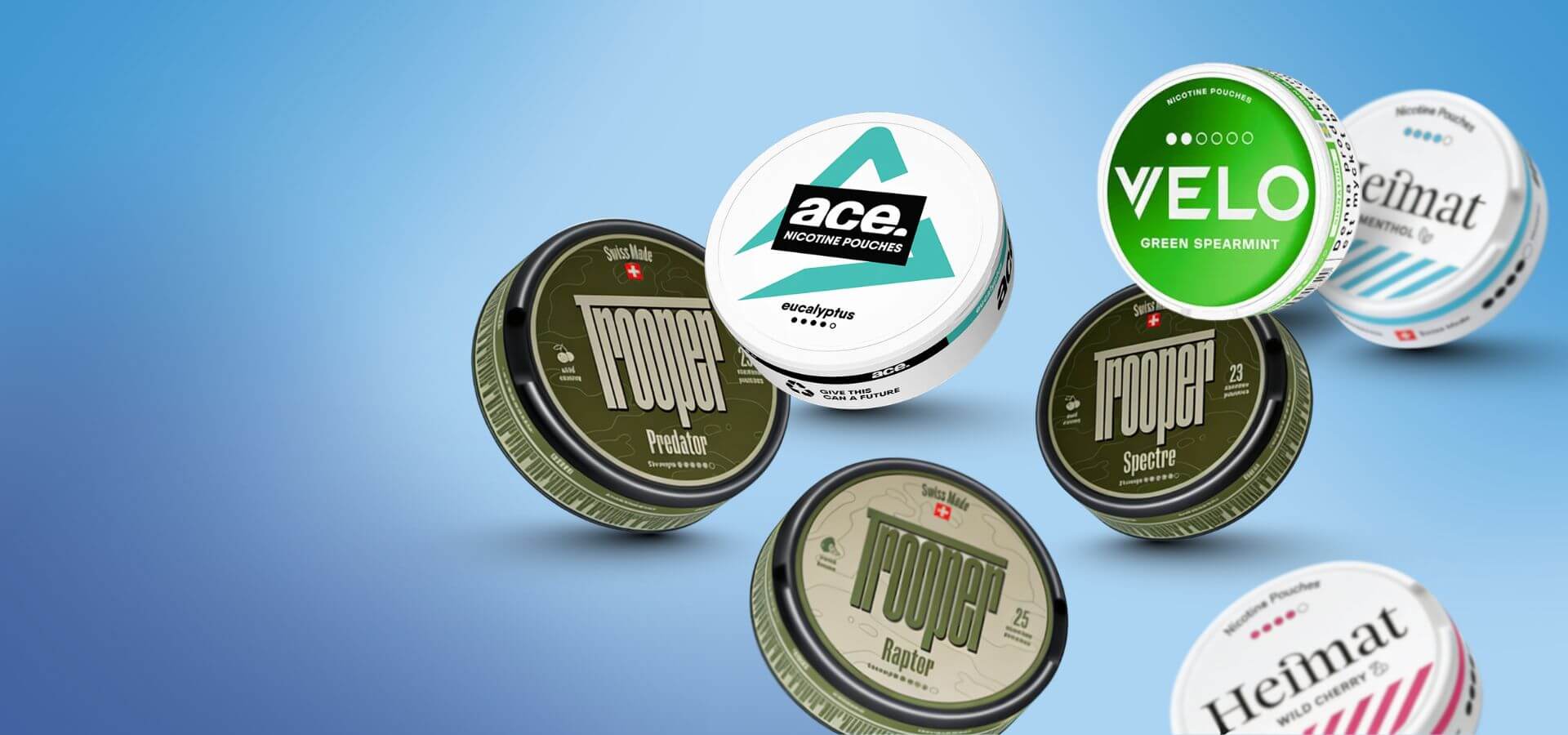 Snus und Nicotine Pouches Auswahl: Nоoper, Velo Green Spearmint und Heimat Dosen auf blauem Hintergrund