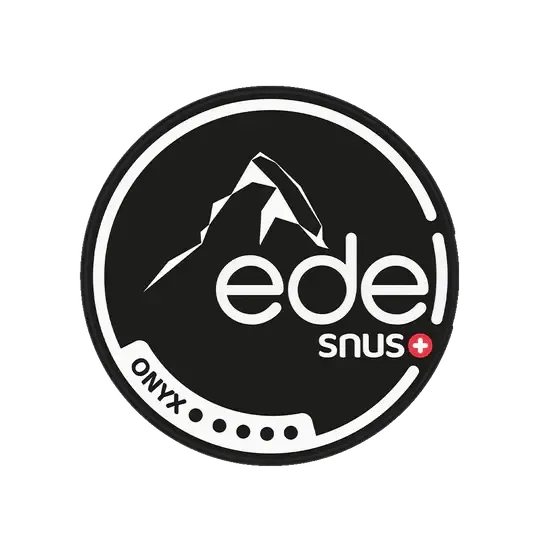 Λογότυπο Edel Snus Onyx με μοτίβο βουνού σε μαύρο φόντο, ελβετική μάρκα snus