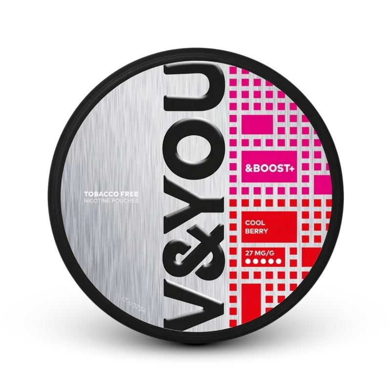 V YOU Boost+ Cool Berry Nicotine Pouches, 27 mg/g, tabakfrei, Dose mit rot-weißem Design