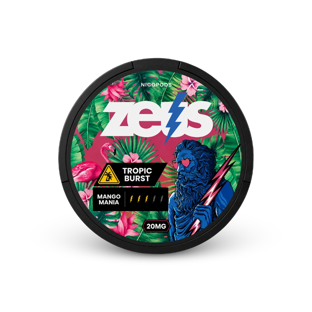 Zeus Tropic Burst Strong – Aroma de frutas tropicais, Forte, 20 saquetas/lata