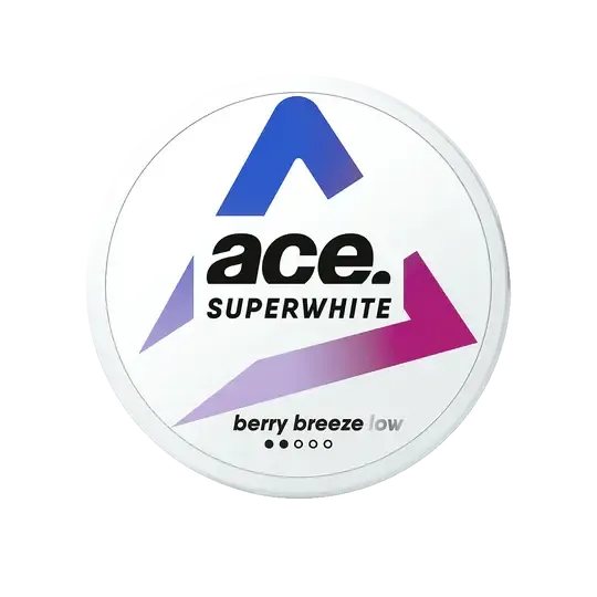 ace Superwhite Berry Breeze Low Nicotine Pouches Dose mit blauem und magentafarbenem Design