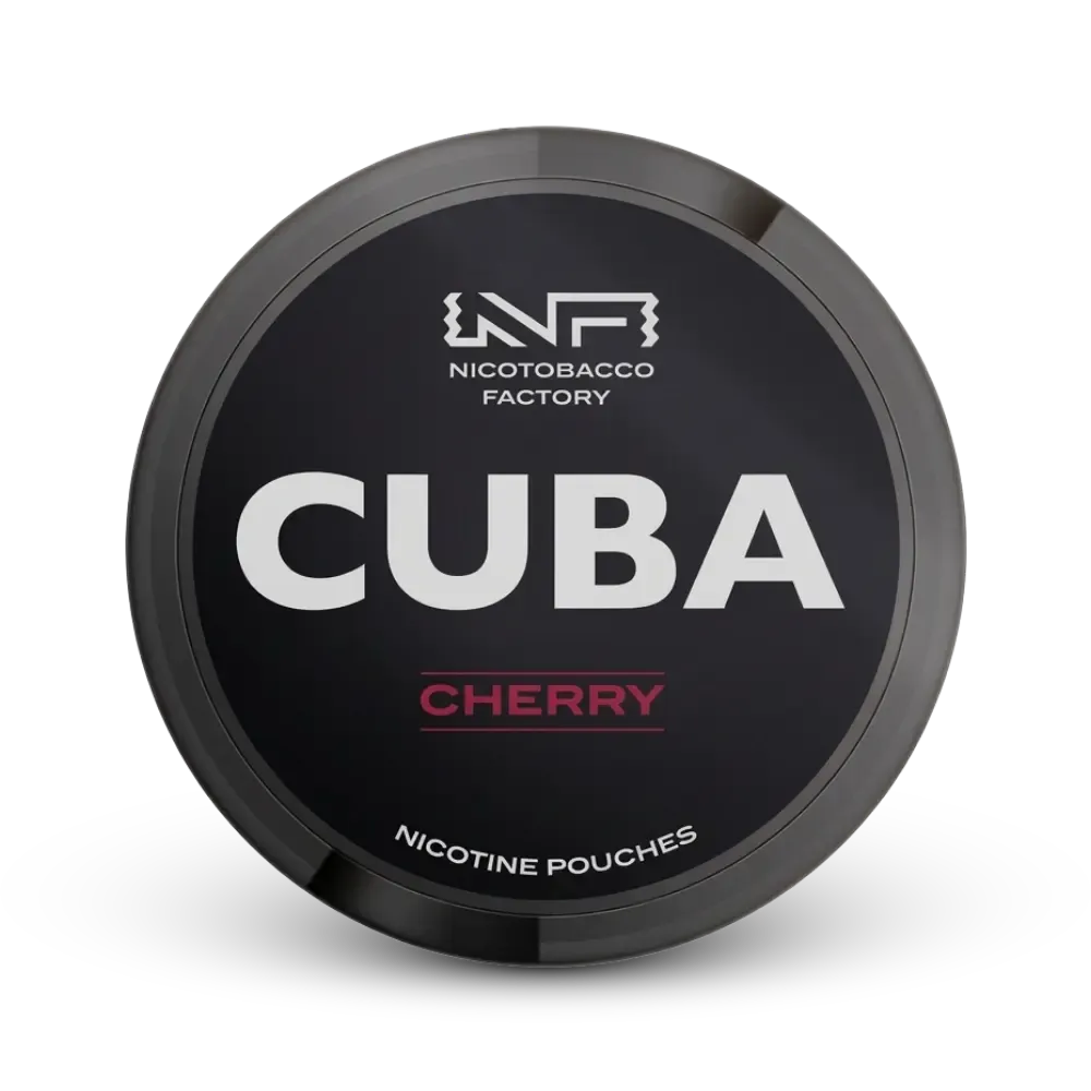 Cuba Cherry Nicotine Pouches von Nicotobacco Factory, schwarze Dose mit rotem Geschmacksaufdruck