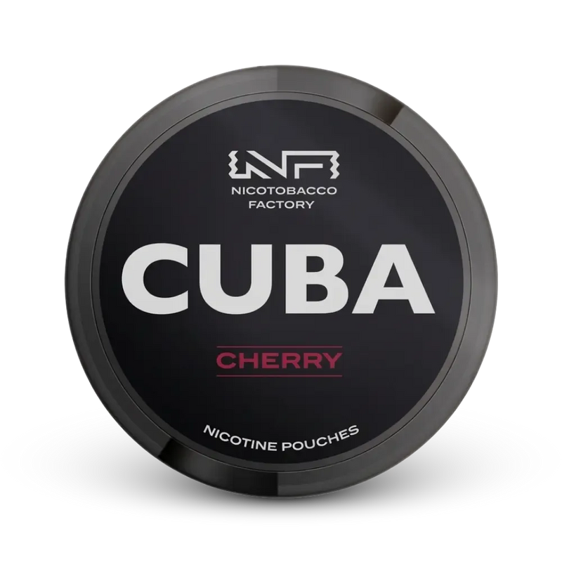 Cuba Cherry Nicotine Pouches von Nicotobacco Factory, schwarze Dose mit rotem Geschmacksaufdruck