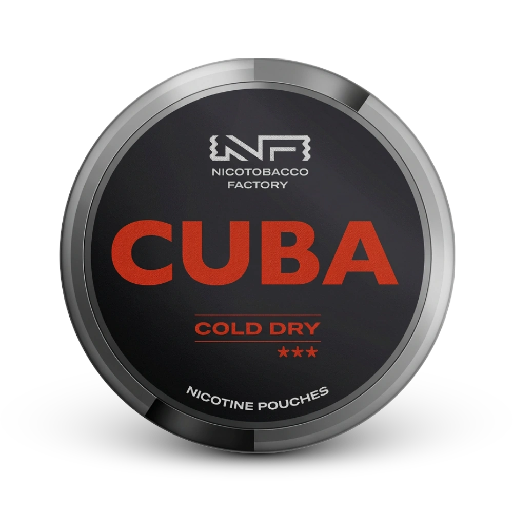Nicotobacco Factory Cuba Cold Dry Nicotine Pouches Dose mit schwarzem Design und rotem Logo, extra starke Stärke