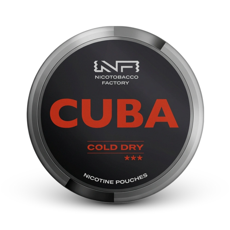 Nicotobacco Factory Cuba Cold Dry Nicotine Pouches Dose mit schwarzem Design und rotem Logo, extra starke Stärke