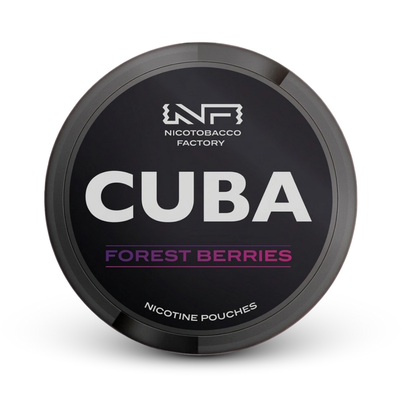 Cuba Forest Berries Nicotine Pouches schwarze Dose von Nicotobacco Factory mit Waldbeeren-Geschmack