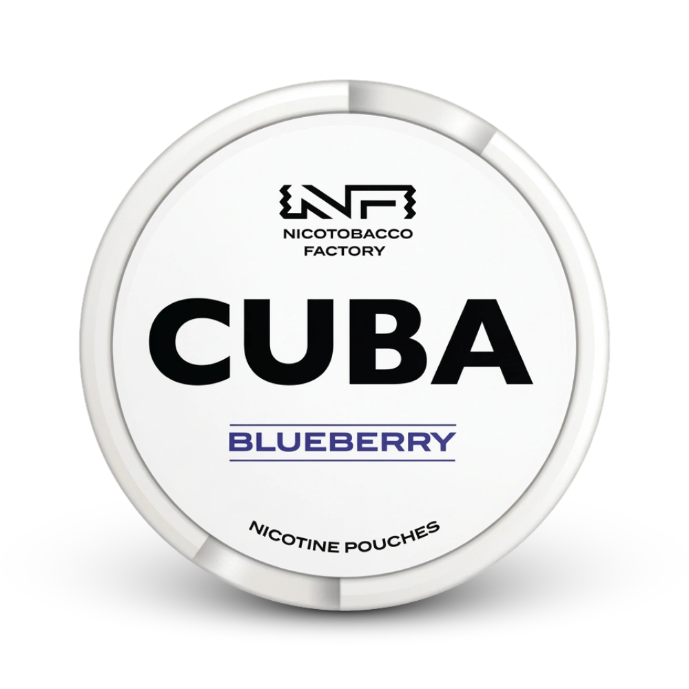 Cuba Blueberry Nicotine Pouches von Nicotobacco Factory, weiße Dose mit blauem Geschmacksaufdruck