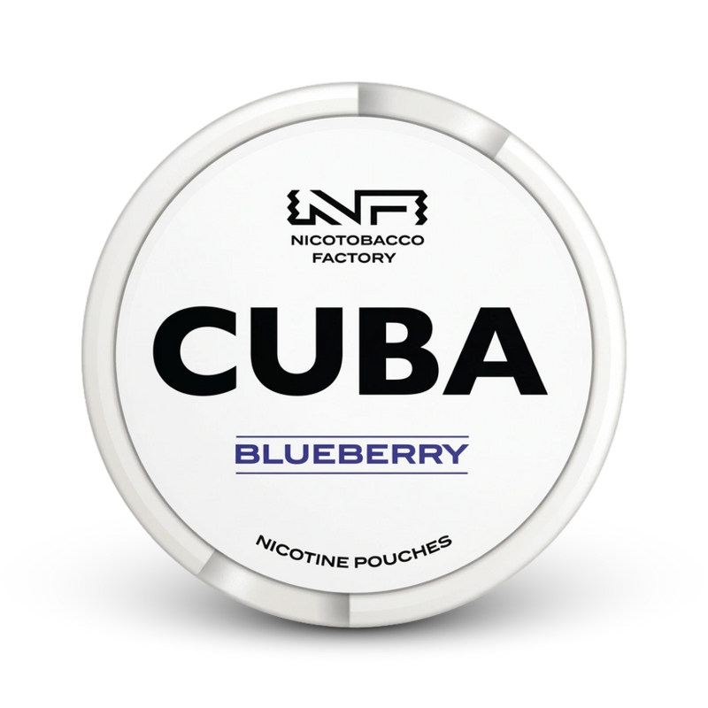 Cuba Blueberry Nicotine Pouches von Nicotobacco Factory, weiße Dose mit blauem Geschmacksaufdruck