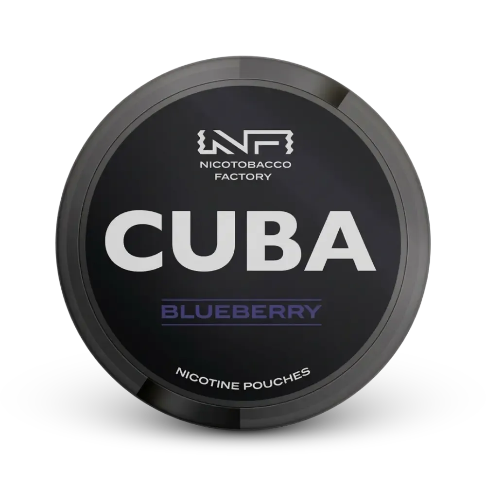 Cuba Blueberry Nicotine Pouches von Nicotobacco Factory, schwarze Dose mit Blaubeer-Aroma