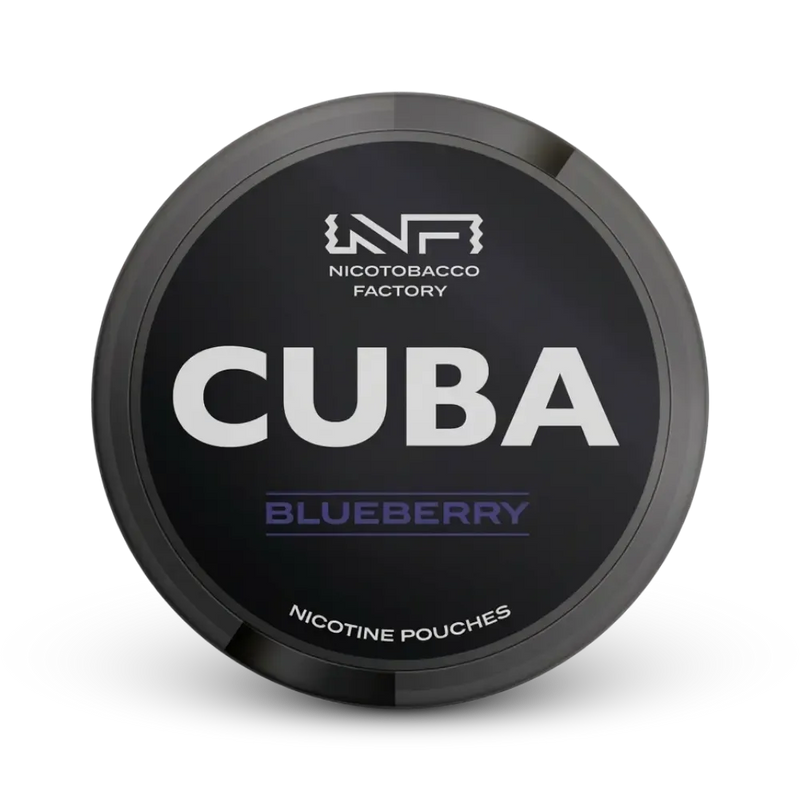 Cuba Blueberry Nicotine Pouches von Nicotobacco Factory, schwarze Dose mit Blaubeer-Aroma
