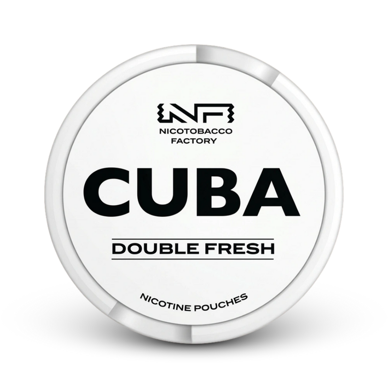 Cuba Double Fresh Nicotine Pouches von Nicotobacco Factory, weiße Dose mit schwarzem Logo und Text