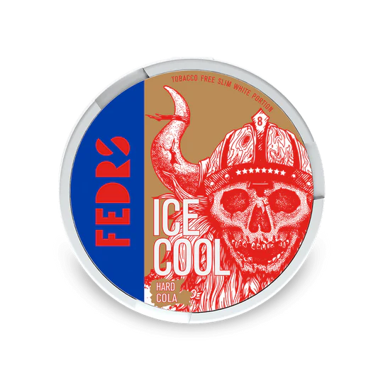 Fedrs Ice Cool Hard Cola Slim Nicotine Pouches Dose mit Totenkopf-Design und blauem Logo
