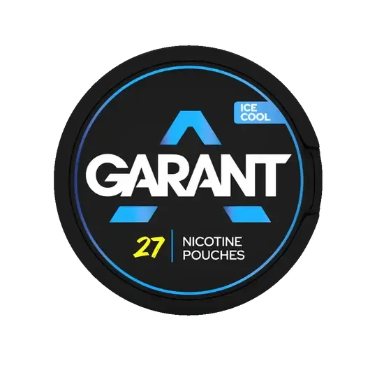 Garant Ice Cool Nicotine Pouches 27mg, schwarze Dose mit blauem Design und Eis-Aroma-Kennzeichnung