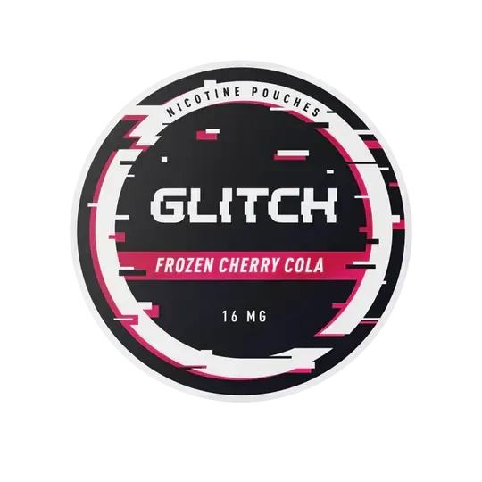 Glitch Frozen Cherry Cola Nicotine Pouches 16mg, schwarze Dose mit pink-weißem Design