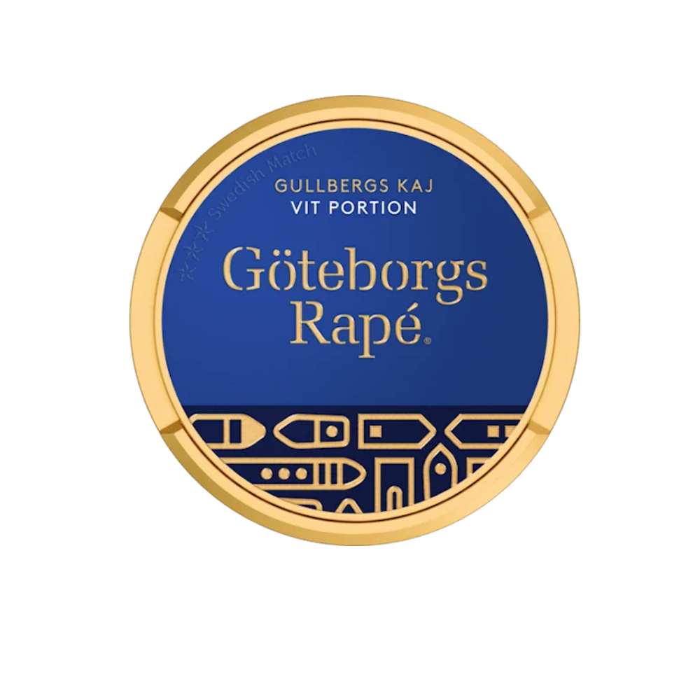 Göteborgs Rapé Gullbergs Kaj Vit Portion Snus Dose mit blauem Design und goldenem Rand