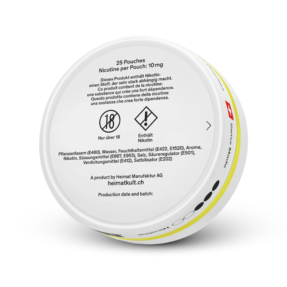 Heimat Nicotine Pouches Fresh Lemon 10 mg, 25 Beutel, Rückseite der weißen Dose mit gelben Streifen und Produktinformationen