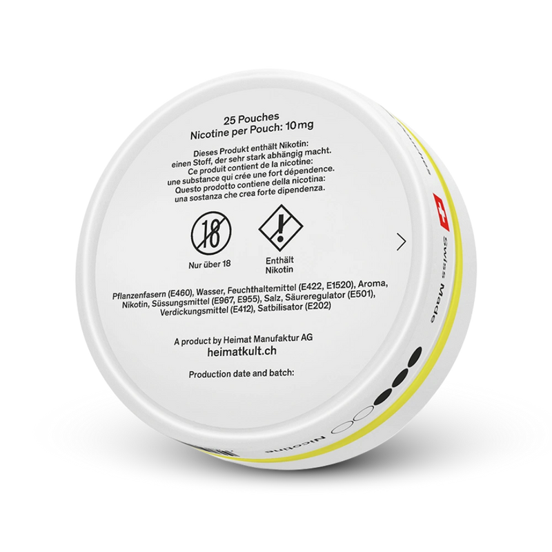 Heimat Nicotine Pouches Fresh Lemon 10 mg, 25 Beutel, Rückseite der weißen Dose mit gelben Streifen und Produktinformationen