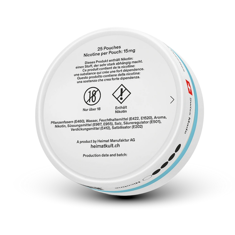 Heimat Nicotine Pouches Menthol 15mg, 25 Pouches, Rückseite Dose mit Produktinformationen und Inhaltsstoffen