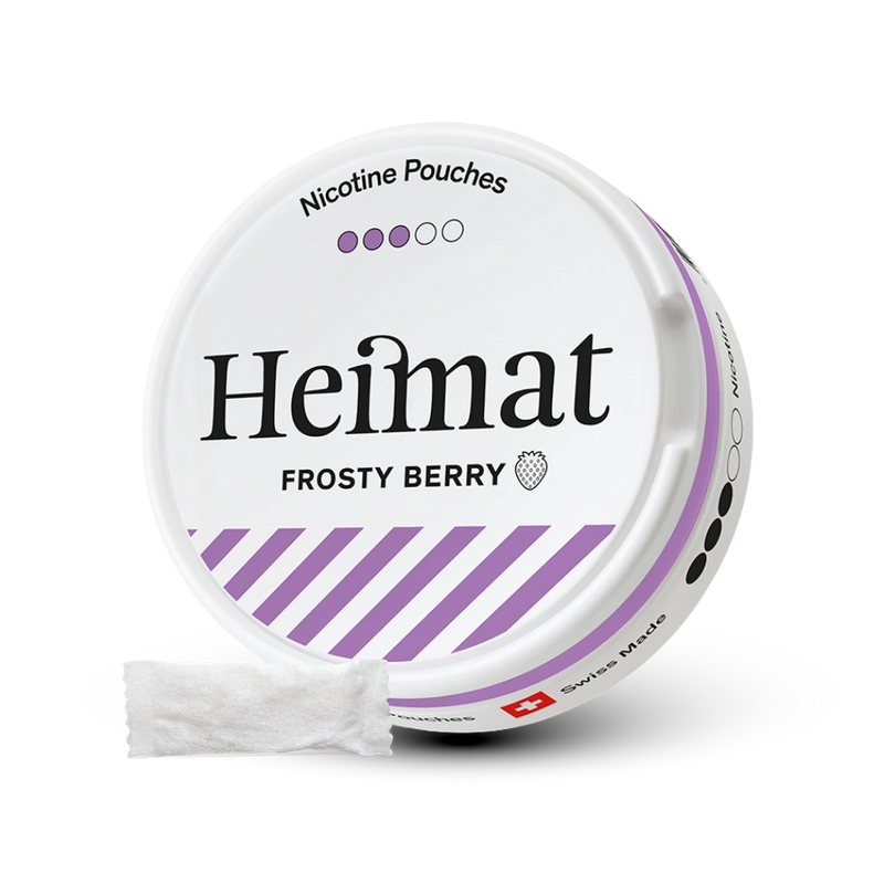 Heimat Nicotine Pouches Frosty Berry weiße Dose mit violetten Streifen und einzelnem Beutel