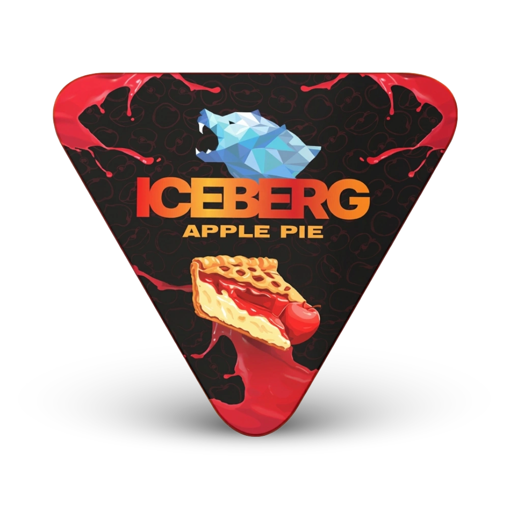 Iceberg Apple Pie Nicotine Pouches, dreieckige rote Dose mit Eisbär-Logo und Apfelkuchen-Motiv