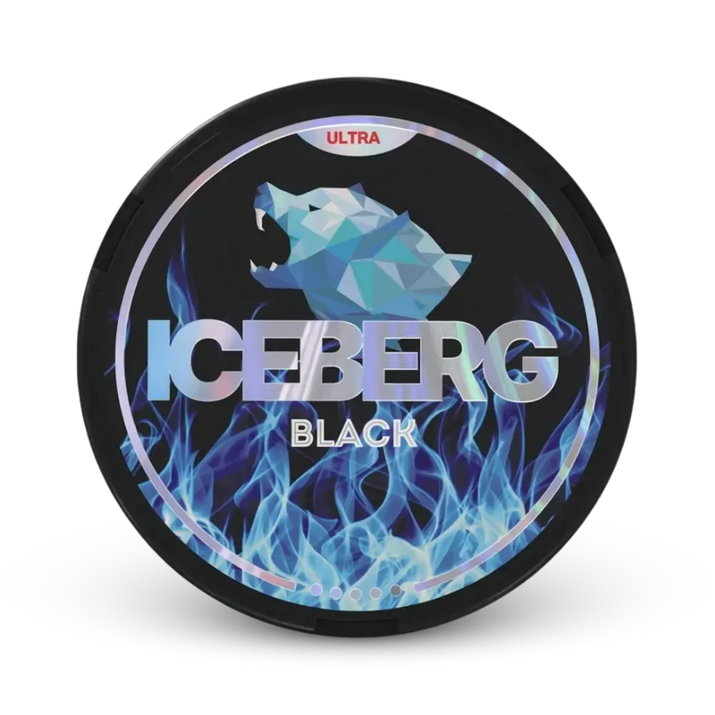 Iceberg Black Ultra Nicotine Pouches Dose mit Eis-Aroma und Wolfs-Design auf schwarzem Hintergrund