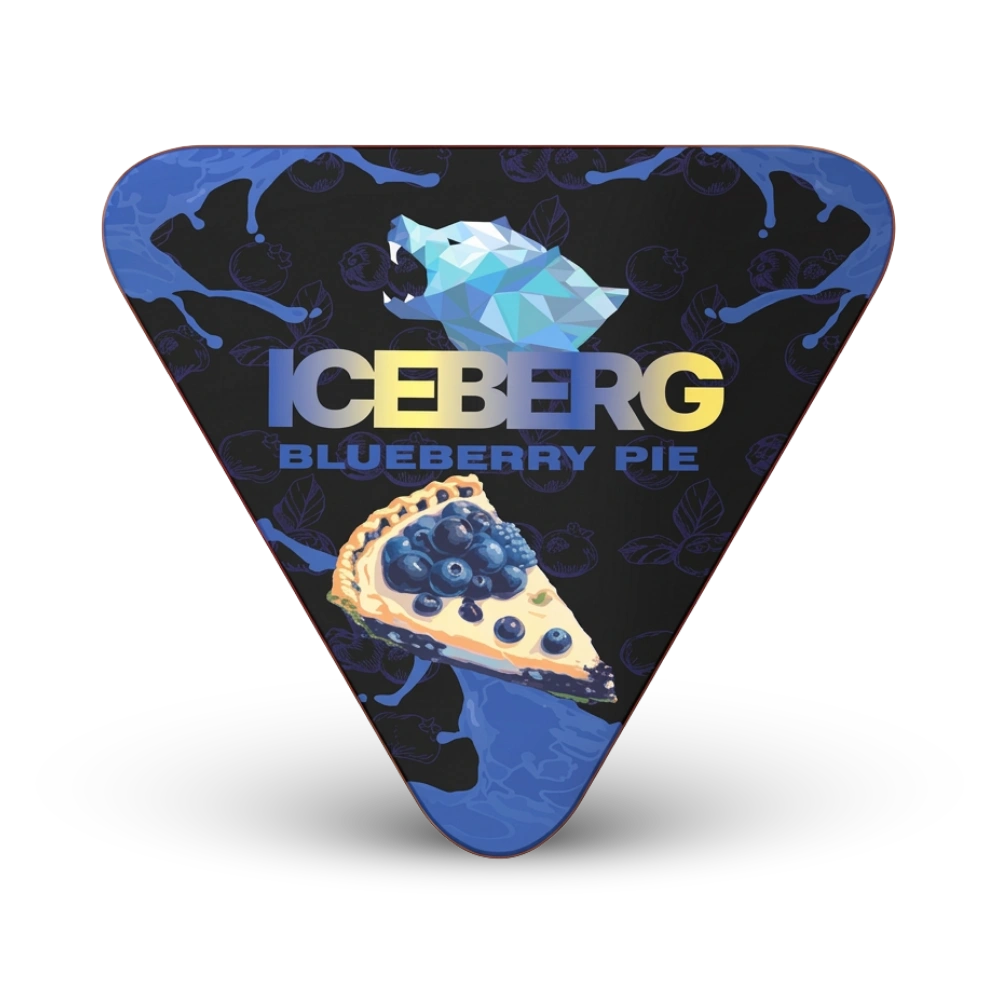 Iceberg Blueberry Pie Nicotine Pouches, dreieckige Verpackung mit Blaubeerkuchen-Design in Blau und Schwarz