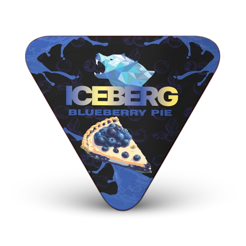 Iceberg Blueberry Pie Nicotine Pouches, dreieckige Verpackung mit Blaubeerkuchen-Design in Blau und Schwarz