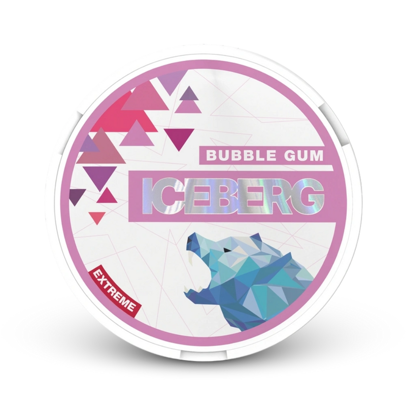 Iceberg Bubble Gum Nicotine Pouches, Extra Stark, weiße Dose mit rosa und blauem Design