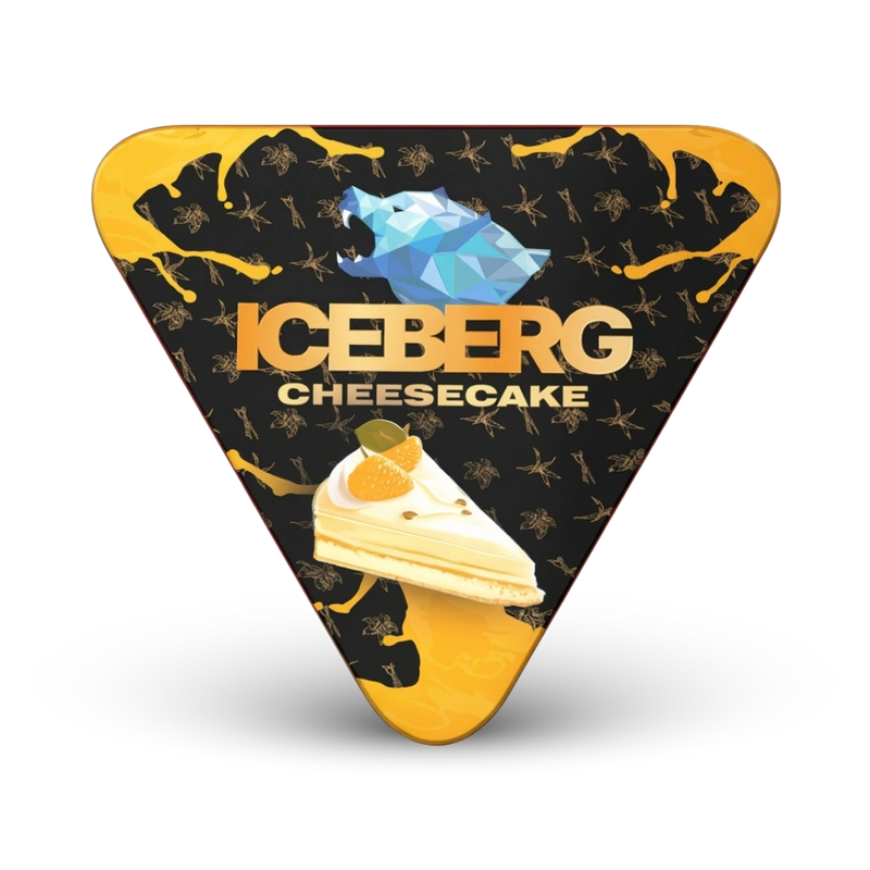Iceberg Cheesecake Nicotine Pouches, schwarze Dose mit gelbem Design und Käsekuchen-Motiv