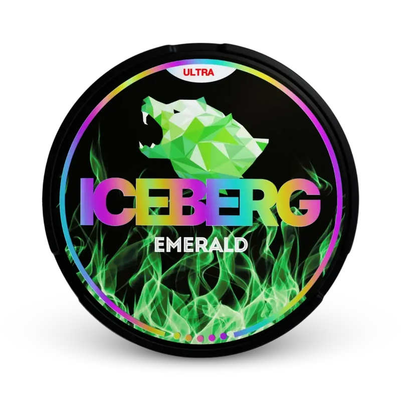 Iceberg Emerald Ultra Nicotine Pouches Dose mit grünem Eisbär-Design und Rainbow-Rand
